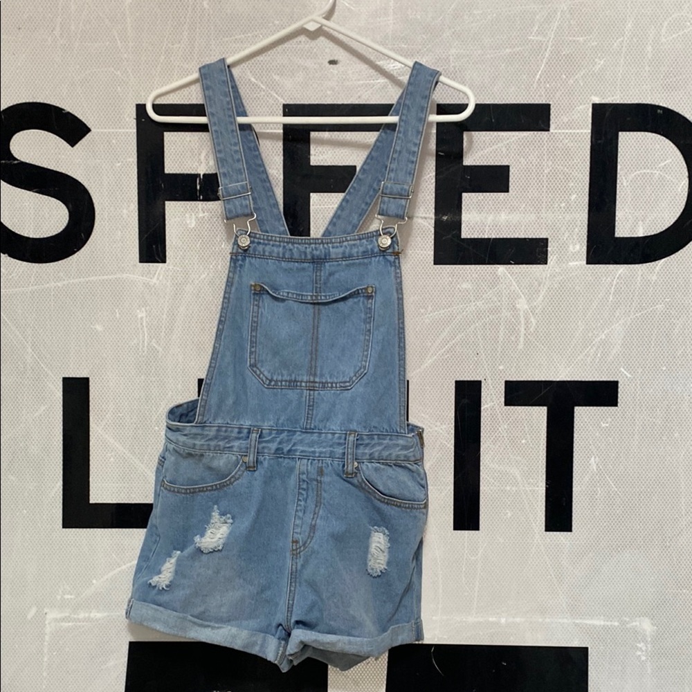 Blue Denim Overalls with Distressed Details